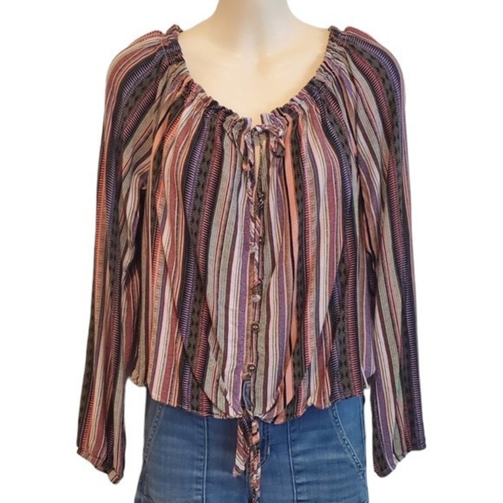 Rewind Women's Striped Peasant Blouse‎ Sz Med Boho Cropped Top